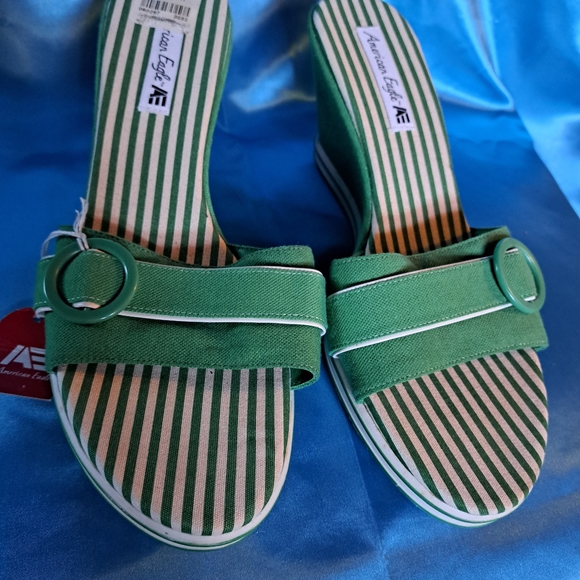 Retro 50s 60s Style Classic Green White Striped Wedges American Eagle - Picture 7 of 9